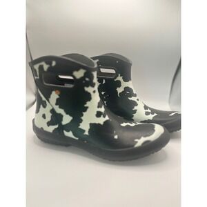 Bogs Patch Ankle Cow Rain Boots Women's 10 Black White Waterproof fishing garden